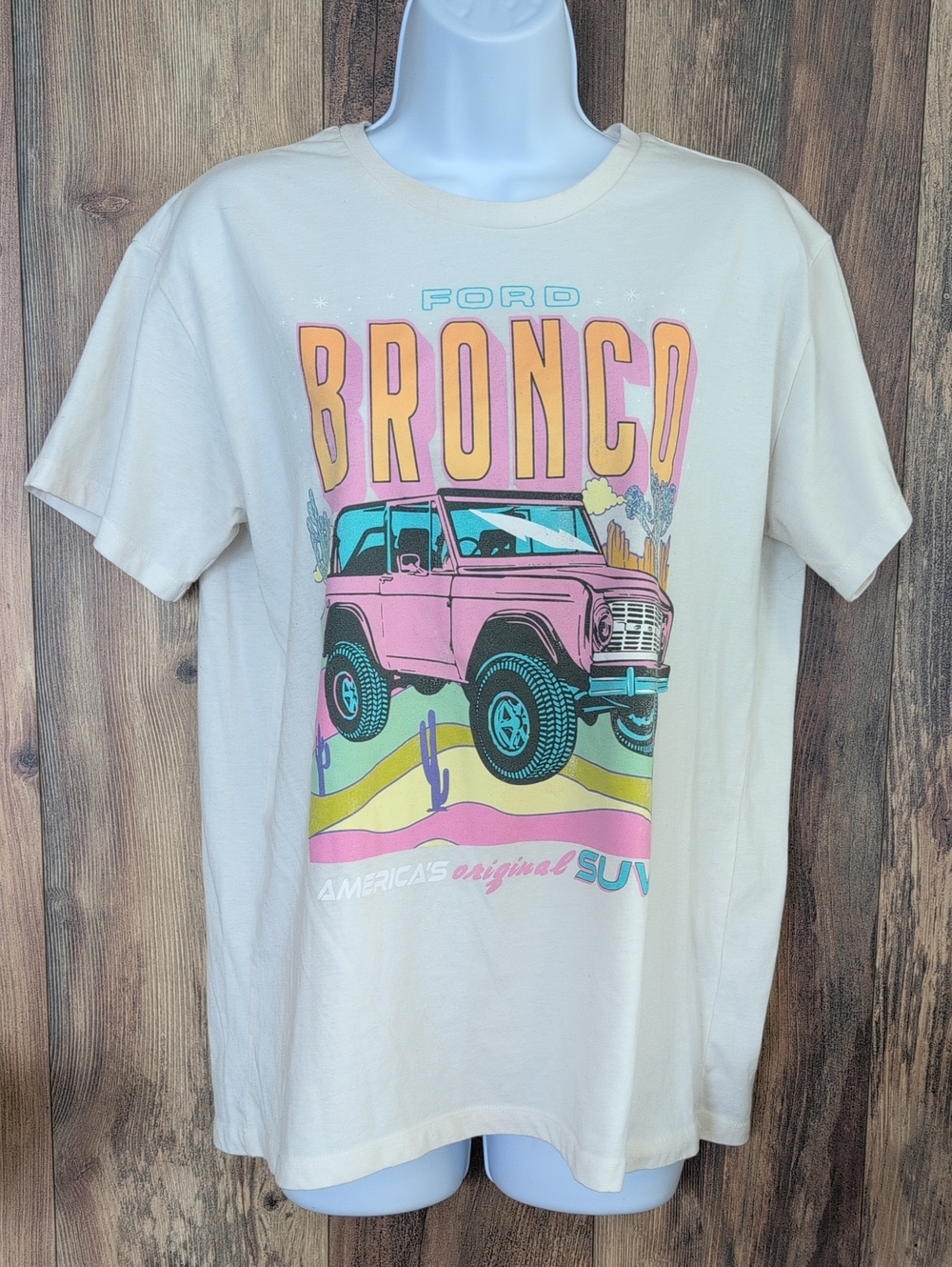 Ford Cream Tee with Pink Bronco and Retro Multi-Color Graphic L 769A
